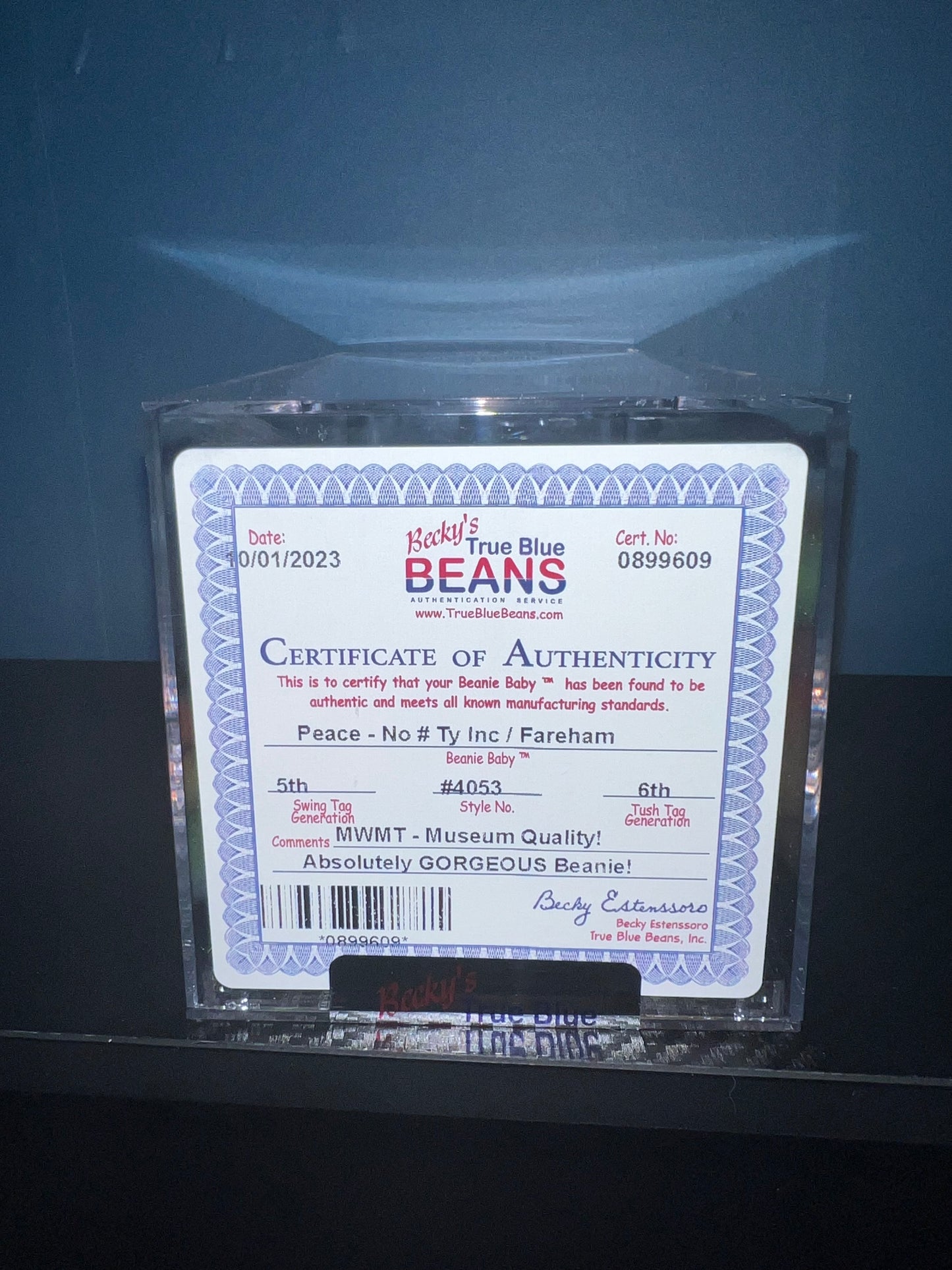 Peace the Bear #101 Ty Beanie Fareham Baby Becky's True Blue Beans Authenticated 5th Swing 6th Tush