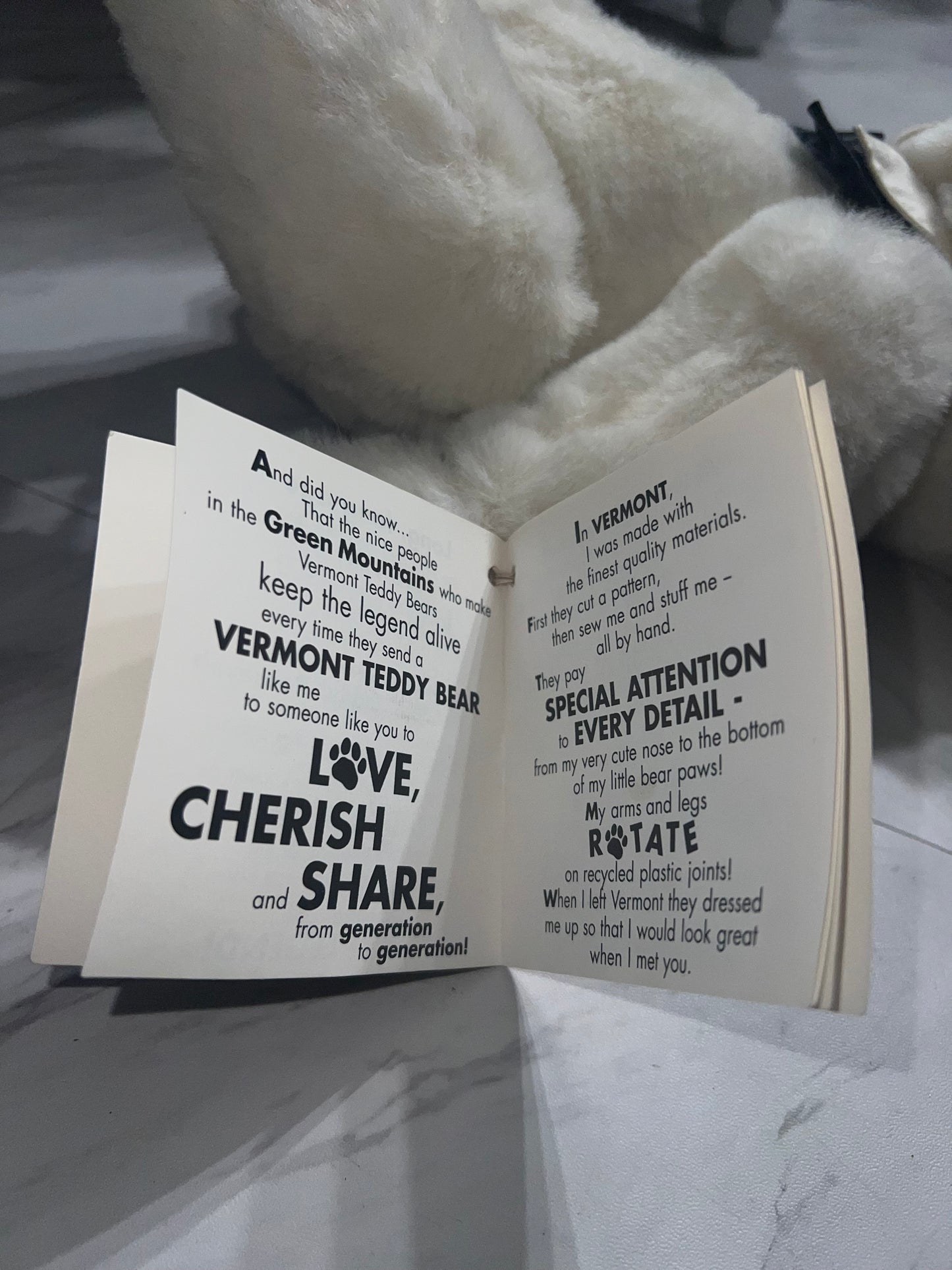 Vintage Vermont Teddy Bear Company 1991 White Bear with Black Bowtie and Blue Eyes