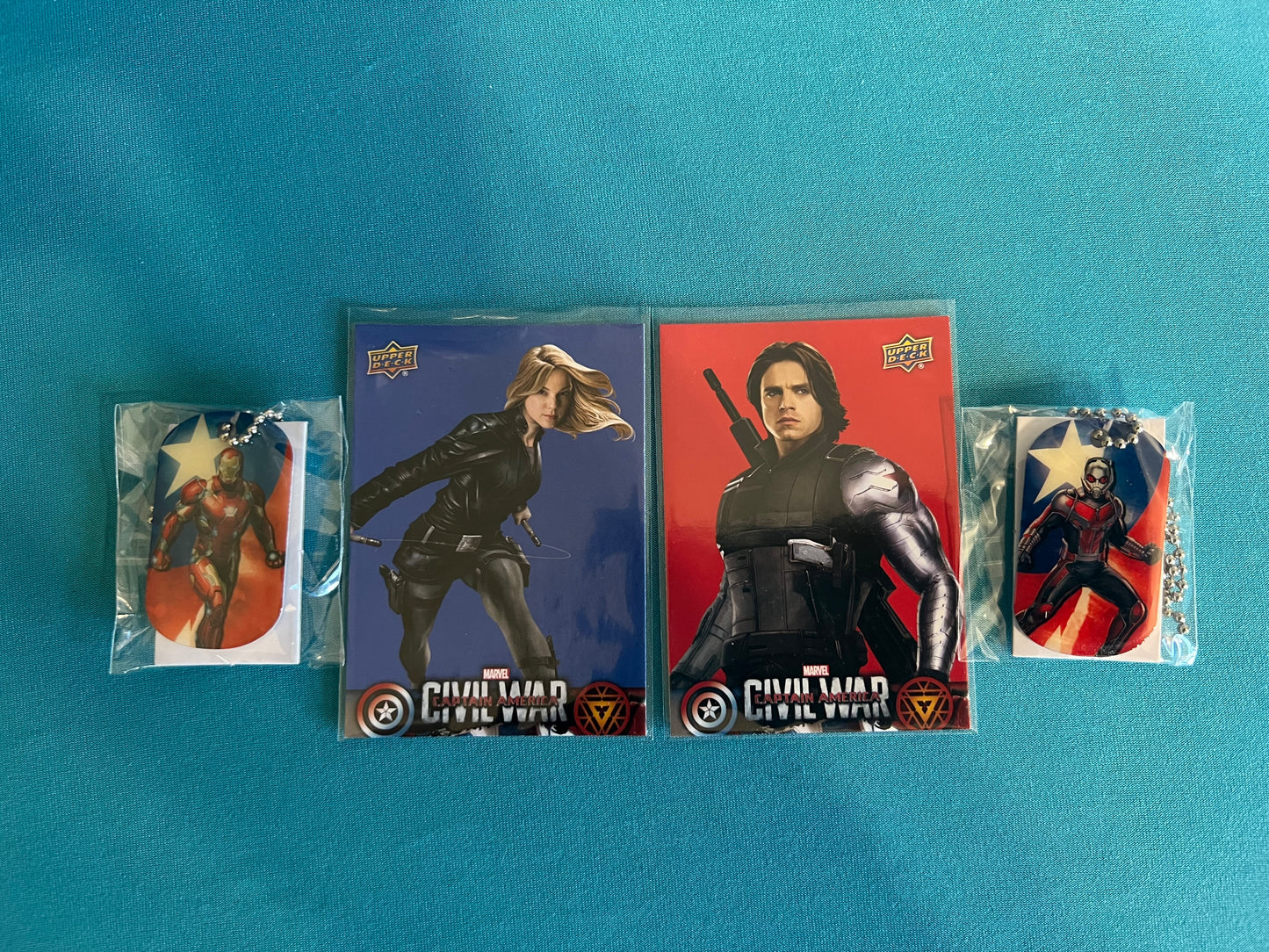 Marvel Iron Man and Antman Dog Tags plus 2 Civil War Trading Cards