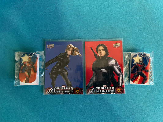 Marvel Iron Man and Antman Dog Tags plus 2 Civil War Trading Cards