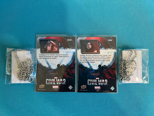Marvel Iron Man and Antman Dog Tags plus 2 Civil War Trading Cards