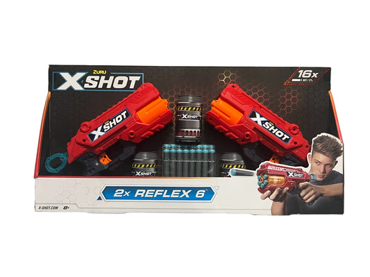 Excel Double Reflex 6 (2 Pack + 16 Darts + 6 Shooting Targets) by ZURU, XShot Red Foam Dart Blaster, Toy Blaster, Rotating Barrels, Toys for Kids